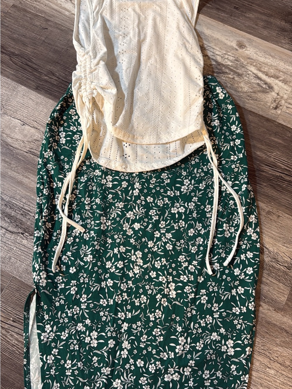 Women’s maternity Cream Eyelet Tank with Green Floral Midi Skirt